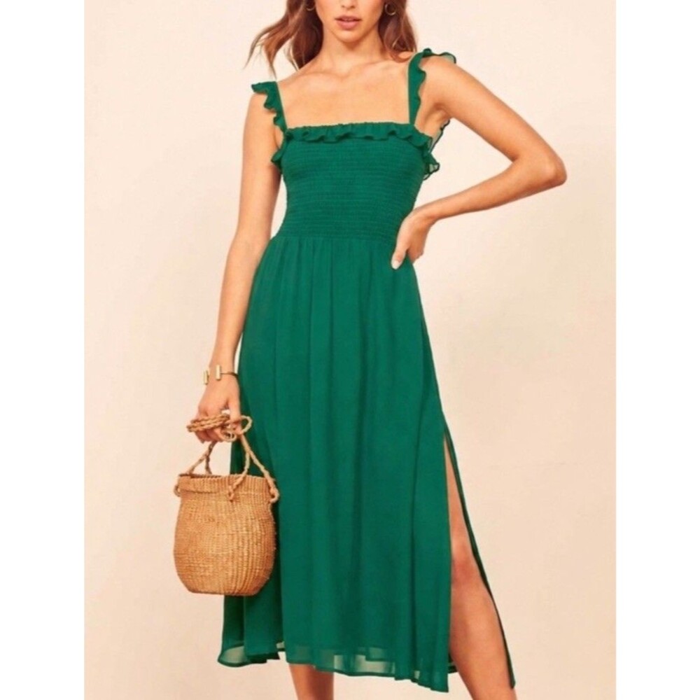 ·REFORMATION· Green Serpentine Siesta Smocked Ruffle Square-Neck Midi Dress XS